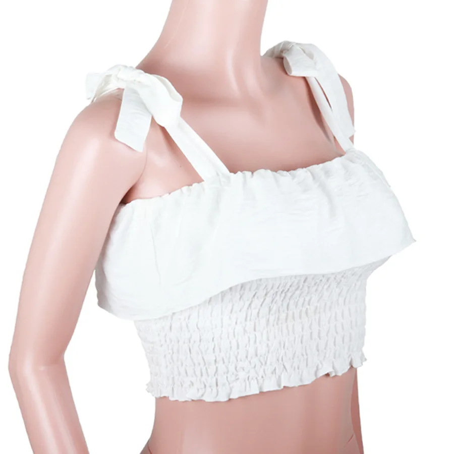 Fashion Yellow Crop Top Women Ruffles Bow Tie Lace Up Off Shoulder Sexy Spaghetti Strap Beach Summer Wear Clothes 2019 | Женская одежда
