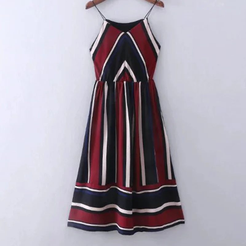 Женское платье в полоску с v образным вырезом и высокой талией повседневное