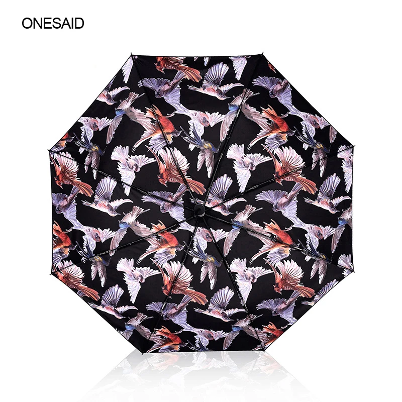 ONESAID New Fashion Painting Umbrella Non-automatic Art Plastic 190T 8 Ribs Three Folding Creative Design Birds Paint Parasol | Дом и сад