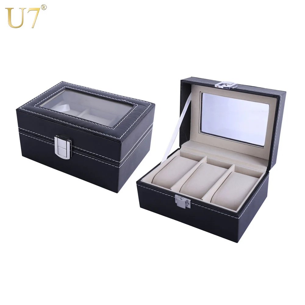 U7 Мужская Шкатулка Для Хранения Часов и Очков Черный Кожаный Органайзер