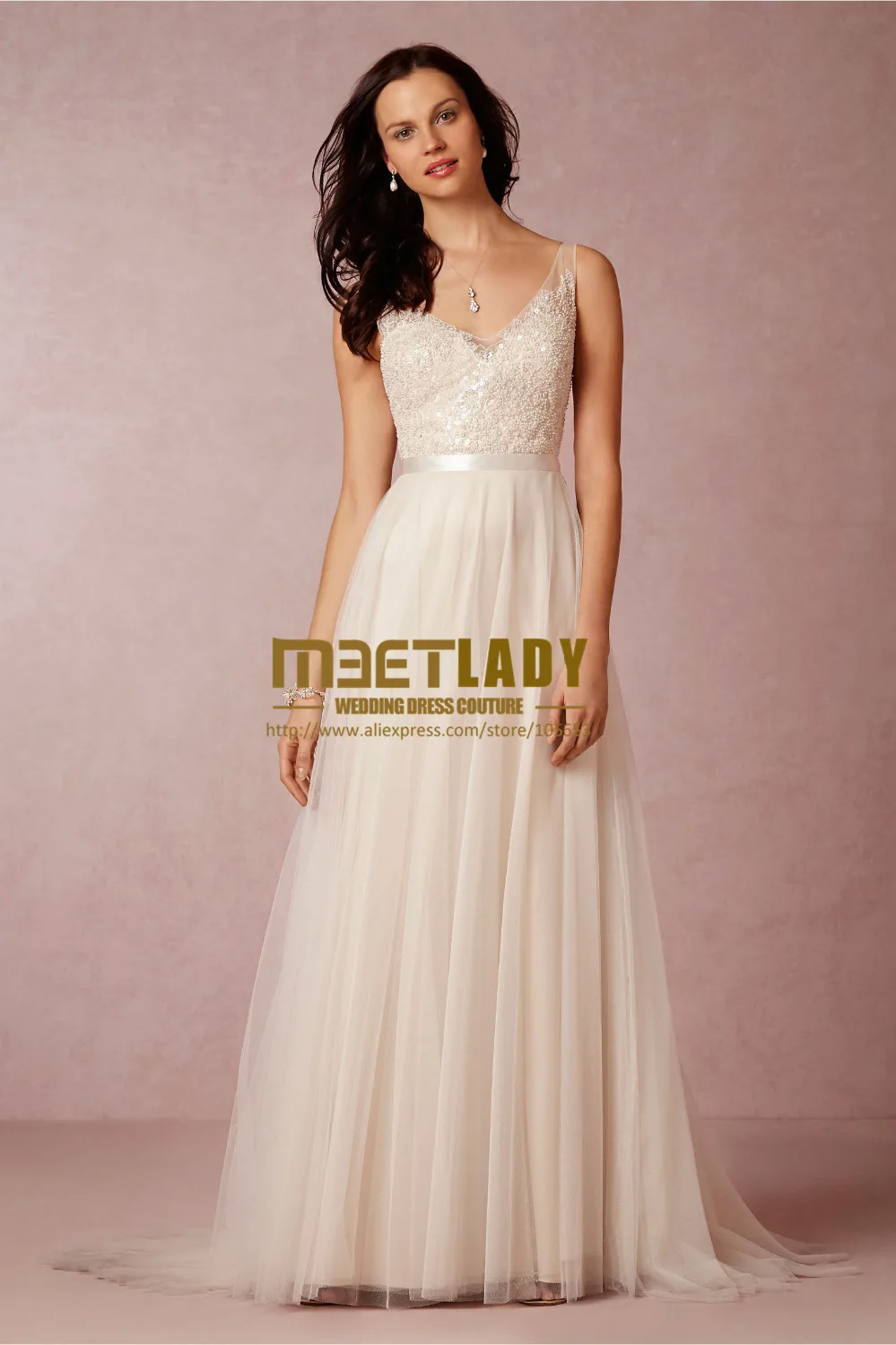 Индивидуальные Сделано Новый A-Line V-образным Вырезом Спинки Блестки Свадебное