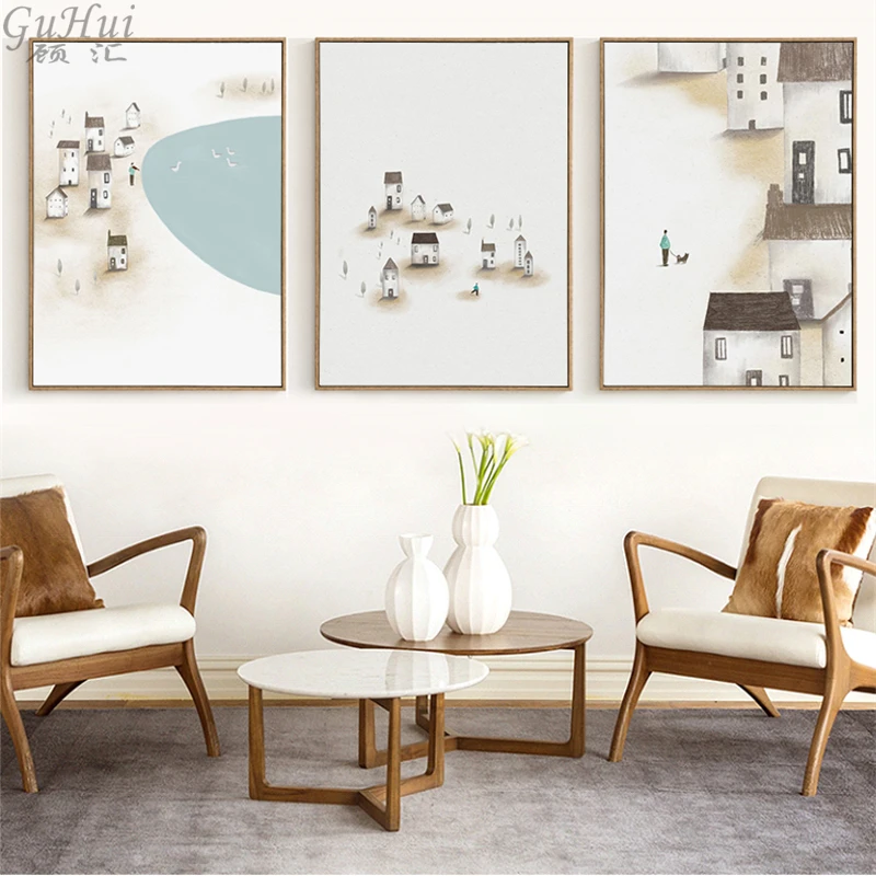 Minimalist Hand Painted Chinese Village House Building Canvas Painting Home Room Wall Pictures Decorative Landscape Posters | Дом и сад