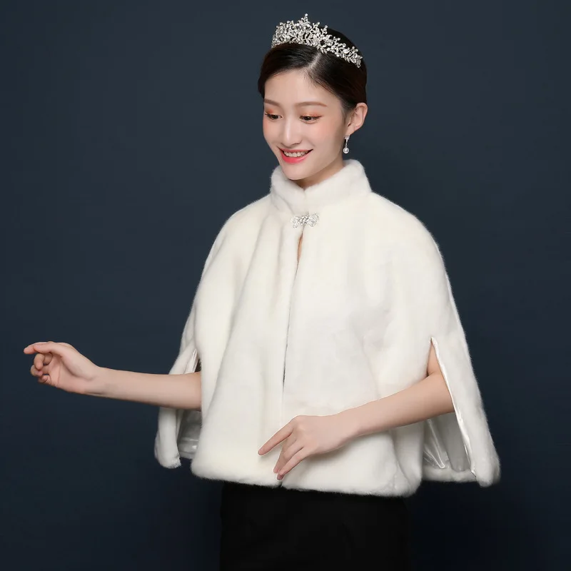 

Wedding Shawl Wrap Formal Dress Cheongsam Married Outerwear Bride Cape Ivory White Autumn Winter Jacket PJ67