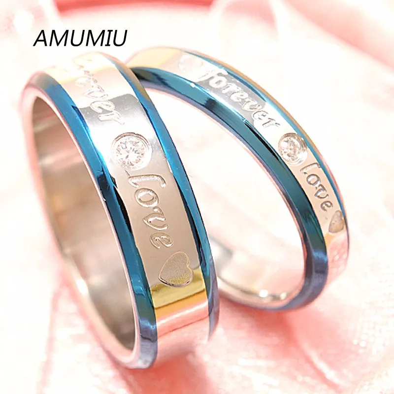 Кольца AMUMIU "Forever Love", юбилейные обручальные кольца из нержавеющей стали, синее кольцо, романтические подарки для влюбленных HZR001