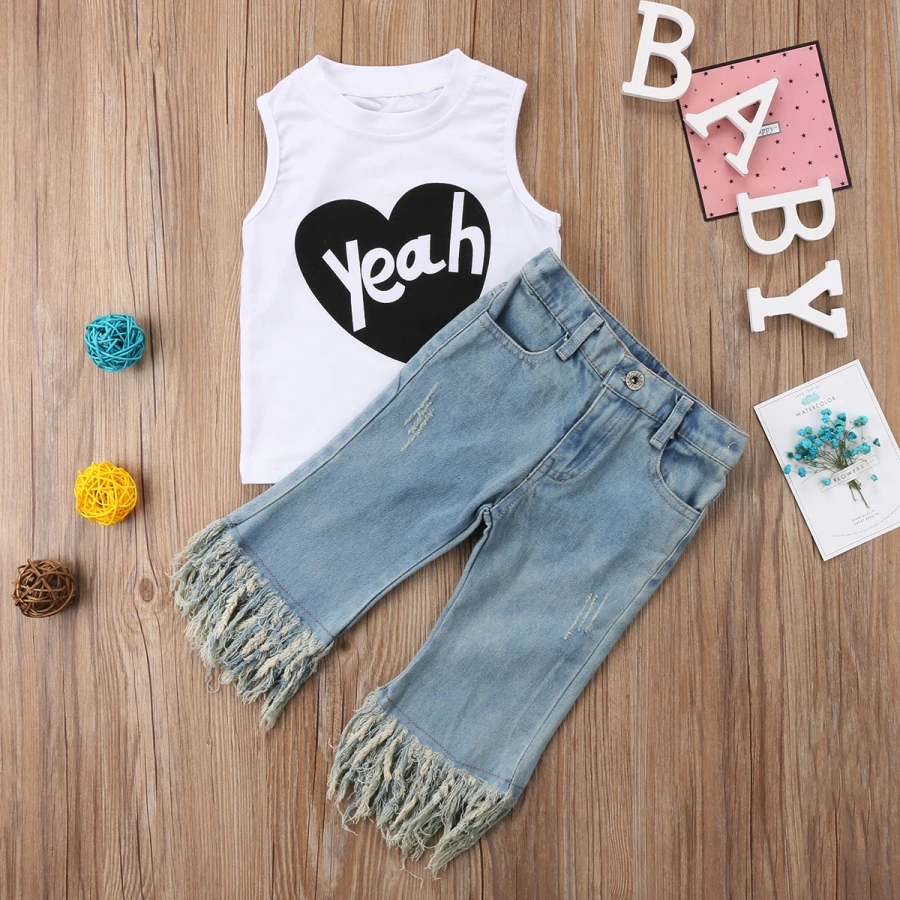Комплект одежды Pudcoco для маленьких девочек милый жилет джинсовые штаны летняя