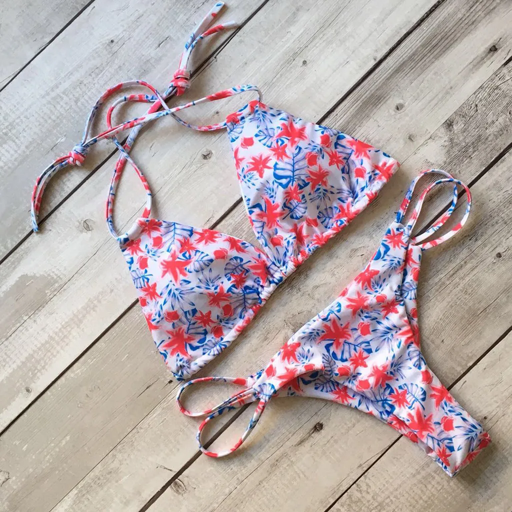 Женский летний белый комплект бикини с цветочным принтом купальный костюм из