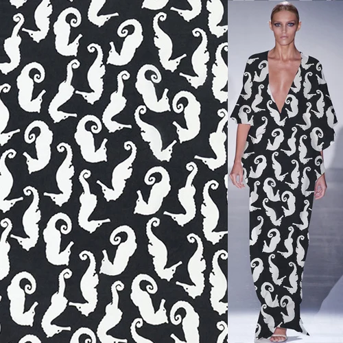 Белая морская лошадь Печать на черном 100% шелк крепдешин шелковая ткань SCDC1043 | Дом