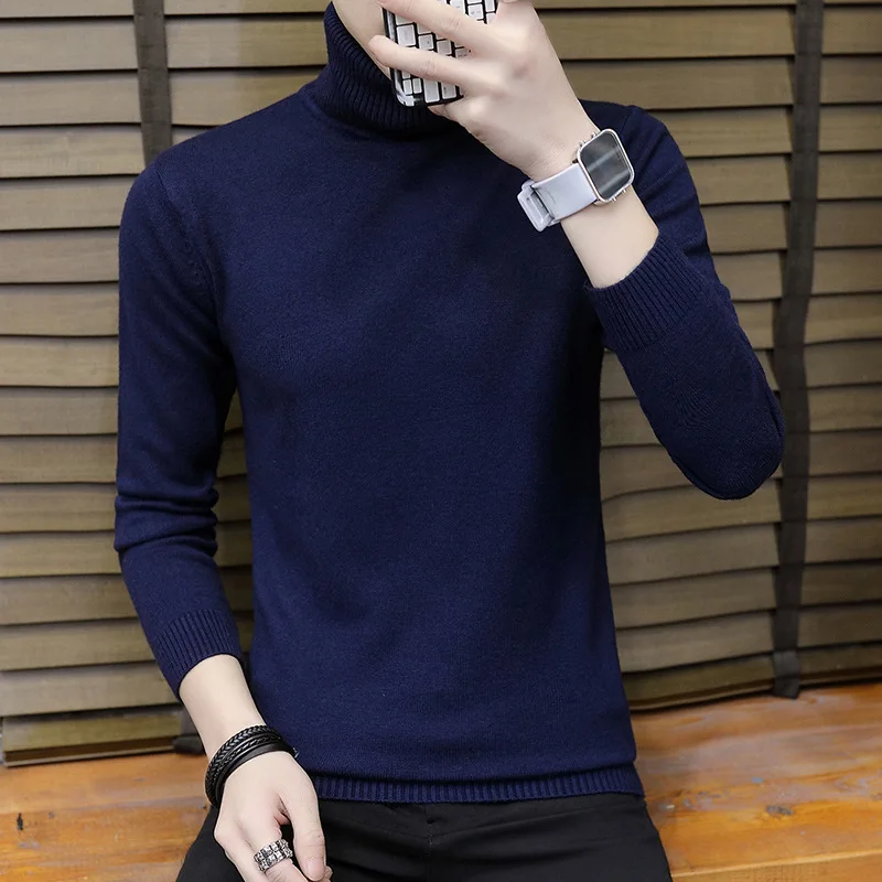 889 navy blue Свитер с высоким воротом, мужской облегающий корейский топ, Мужской Зимний пуловер с высоким воротом, джемпер с высоким воротом, повседневный вязаный свитер - Цвет: 889 navy blue