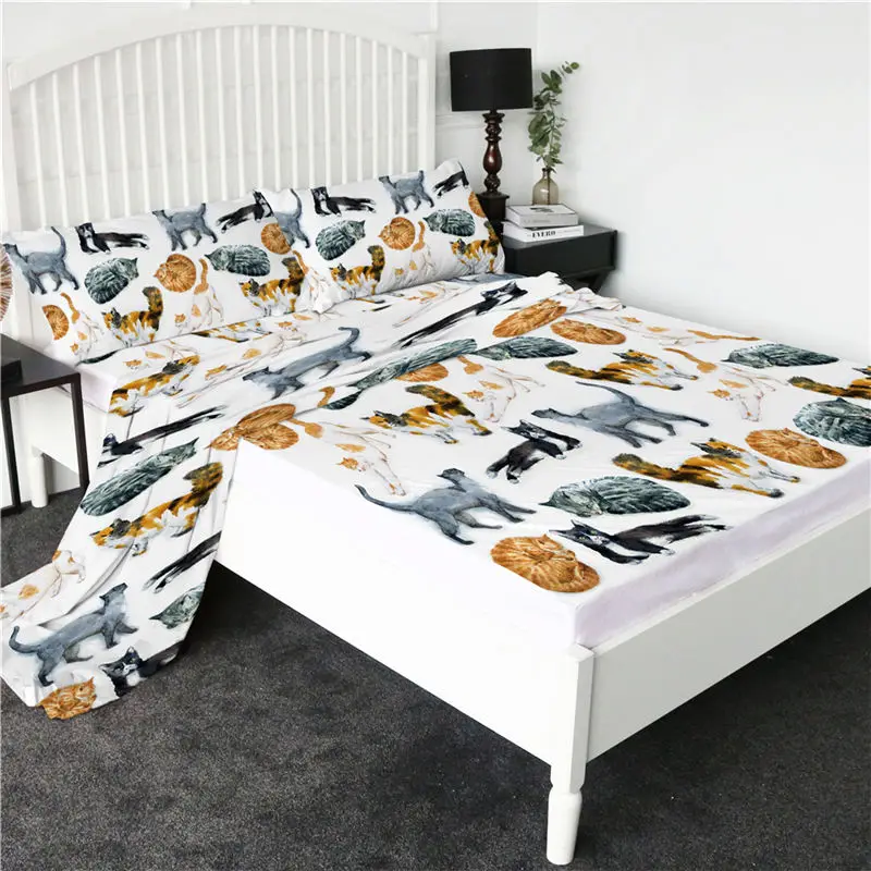 Cat Постельные принадлежности Outlet Единорог Натяжной простынь Королева 3D печать мультфильм Простыня Набор Цветочный плоский лист блеск постельные принадлежности 4-шт наматрасник - Цвет: Cat
