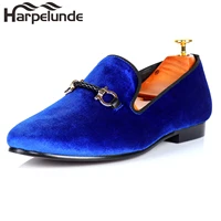 harpelunde men buckle strap dress shoes blue velvet flat loafers size 6 14