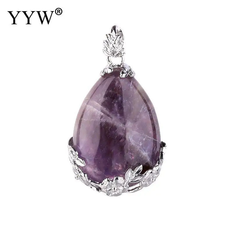 amethyst Натуральный аметисты Бирюзовый прозрачный кварц Лазурит море Опал тигровый глаз камень кулон КАПЛЕВИДНАЯ Цветок Подвесные Ожерелья - Окраска металла: amethyst