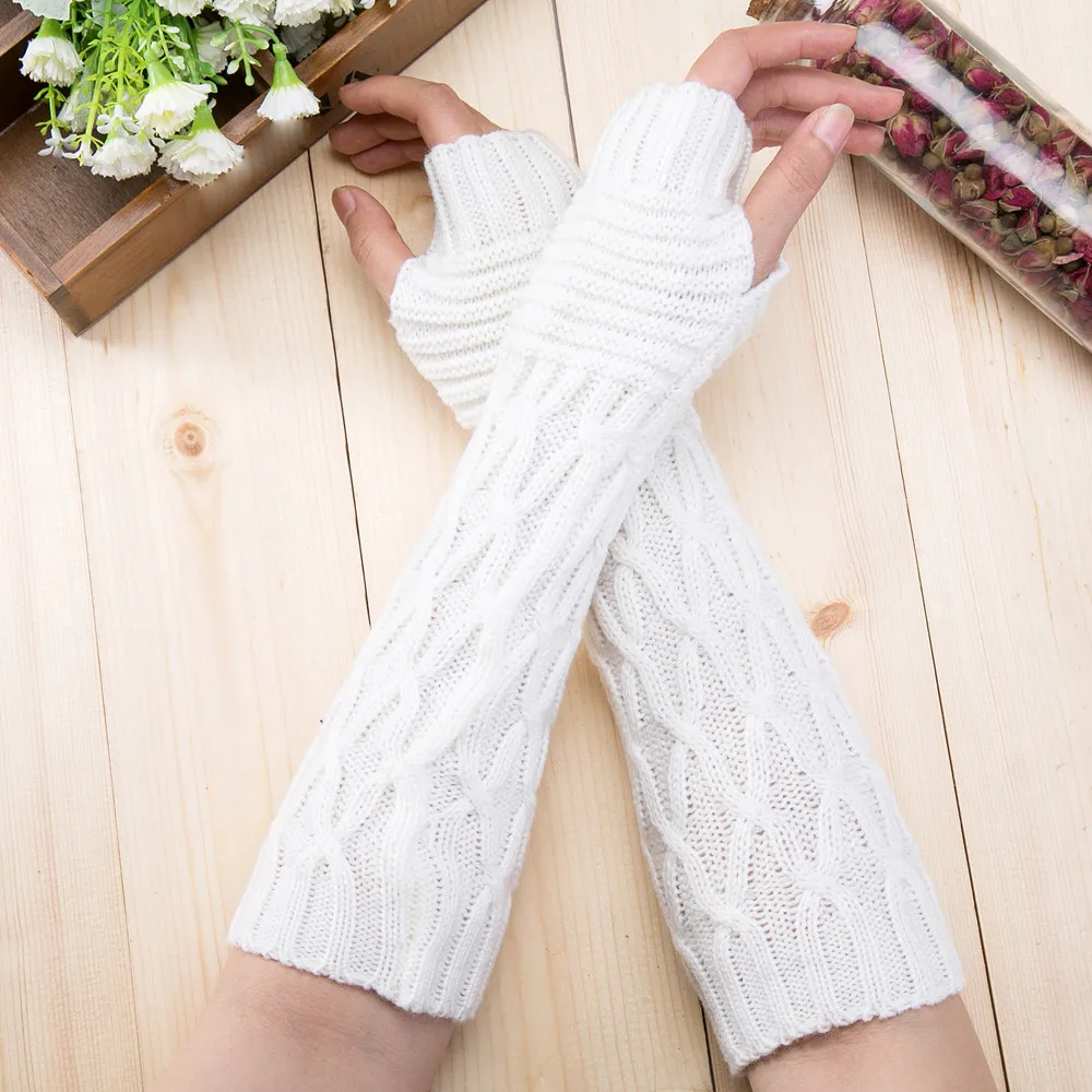 Модные женские перчатки зимние теплые трикотажные длинные без пальцев |