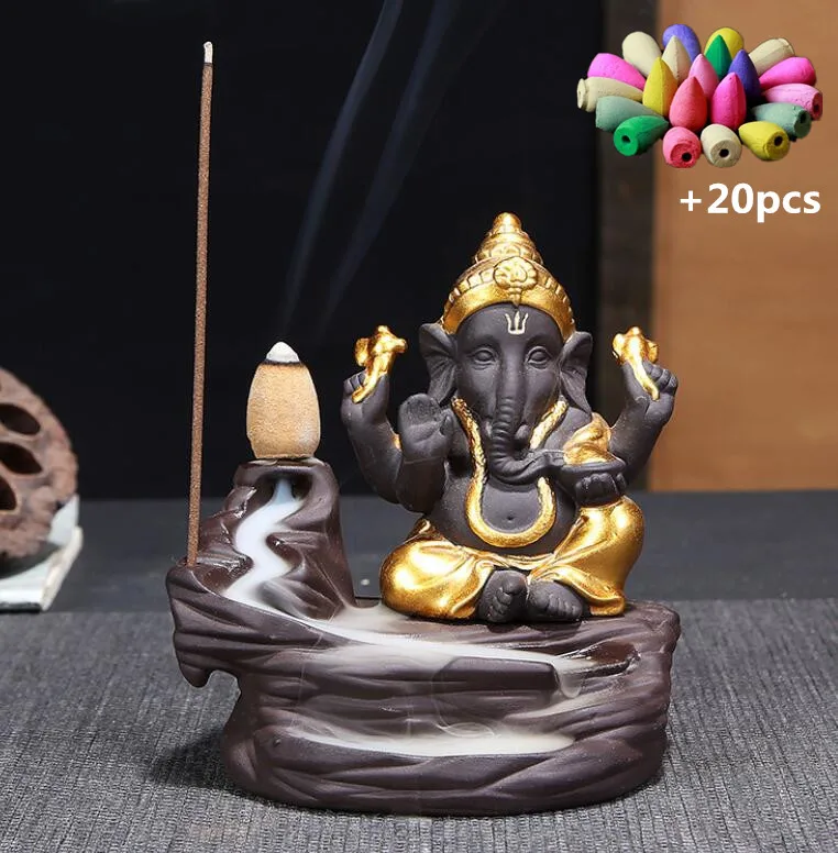 NOOLIM Ganesha горелка для благовоний с обратным потоком слон Бог эмблема благоприятный и успех керамическая конусная кадильница домашний декор с 20 шт. конусами