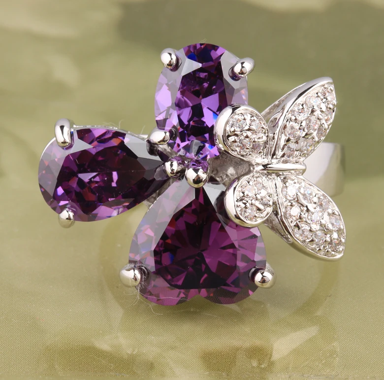 Бабочка Сердце Фиолетовый Циркон Белое посеребренное кольцо Размер 6/7/8/9 S1984 |