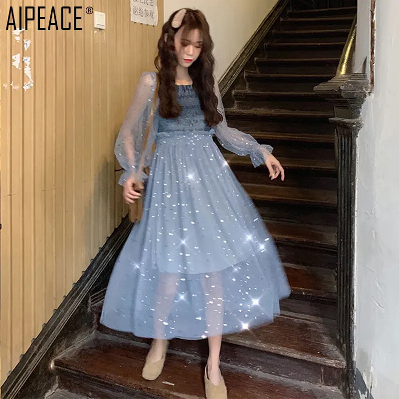 AIPEACE 2019 summer Women Dress women pure color slim sequin mesh A-Line lady Elegant sexy Hollow out lantern Sleeve | Женская одежда