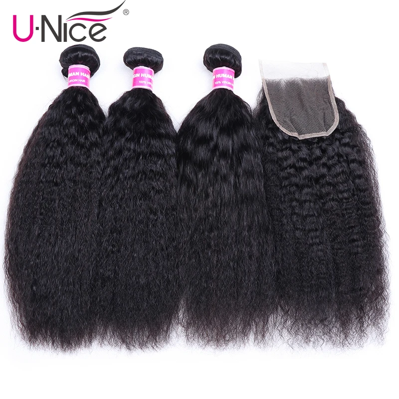 Волосы UNICE бразильские кудрявые прямые человеческие волосы 3 пучка с закрытием 4x4 натуральные волосы ткет наращивание волос remy