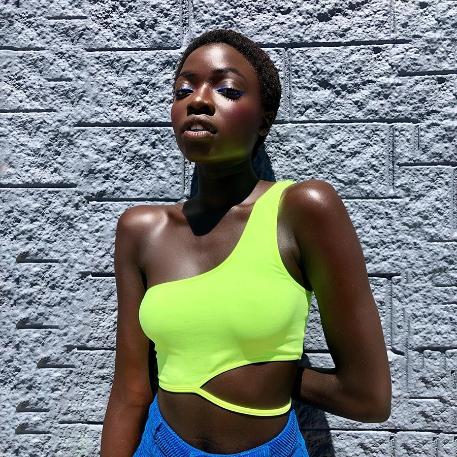 Nibber неонового цвета пикантные Топы women2019summer camiseta mujer растягивающиеся узкие мягкие Топы на бретельках mujer на одно плечо дизайн, футболки с короткими рукавами для детей