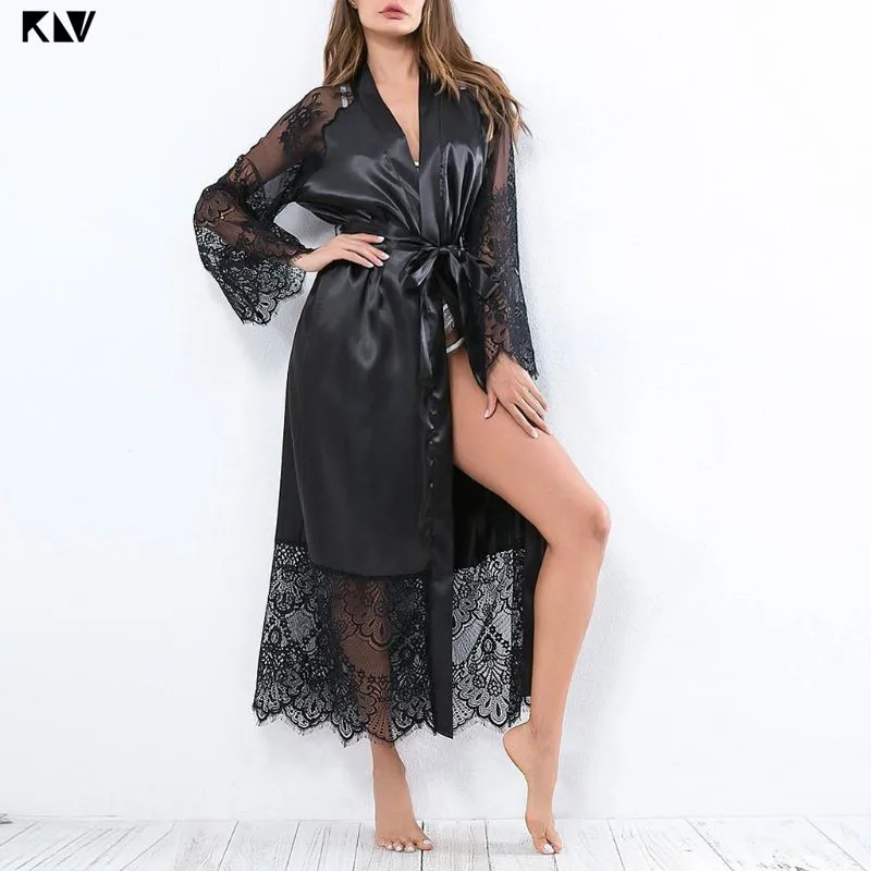 KLV однотонное шелковое нижнее белье халат для ванны Прозрачная кружевная ночная