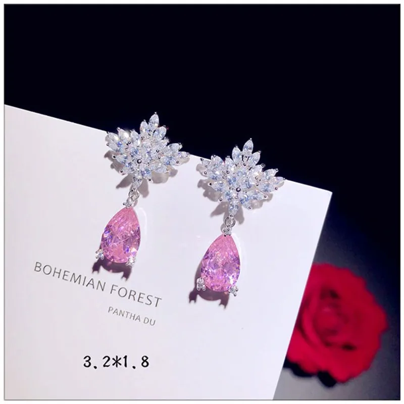 Серьги-капли из стерлингового серебра S925 пробы для женщин с розовым кубическим цирконием, длинные милые Винтажные серьги-капли для невесты на свадьбу, хорошее ювелирное изделие