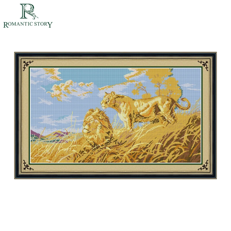 Романтическая история Золотой Желтый Африканский Лев DMC Вышивка крестом