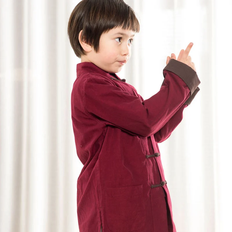 Kermesinus ActhInK Дети Весна Китайский Hanfu тонкое пальто для мальчиков со вставками льняная рубашка с длинным рукавом и цветами в стиле пэчворк для детей; производительность верхняя одежда, ZC026 - Цвет: Kermesinus