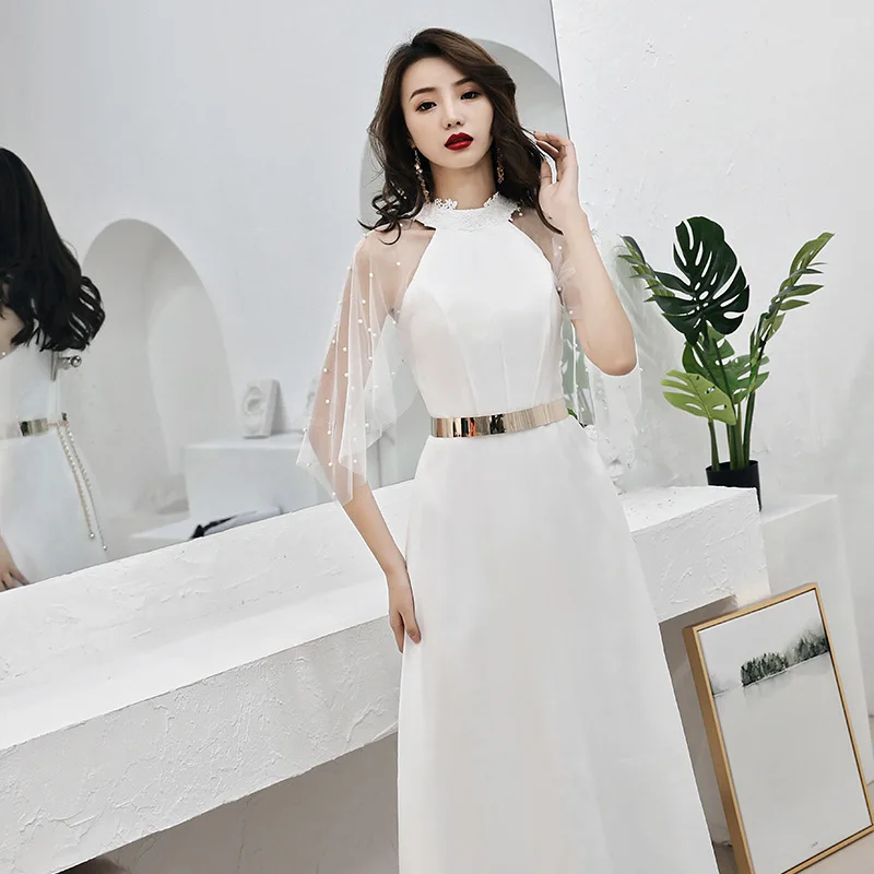 Vestidos De Gala Белые Простые Длинные платья с высоким горлом и бисером, женские вечерние кружевные платья размера плюс, платья для выпускного вечера E437
