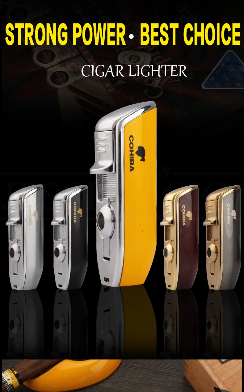 COHIBA металлическая ветрозащитная Мини карманная сигарная зажигалка, 3 струйный синий фонарь, зажигалки для сигарет с сигарой, подарочная коробка