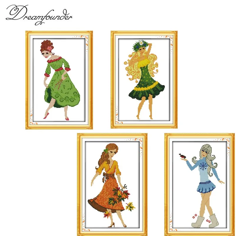 4 season skirt cross stitch kit girl cross-stitch set 18ct 14ct 11ct count print canvas stitches embroidery handmade supplies | Дом и сад