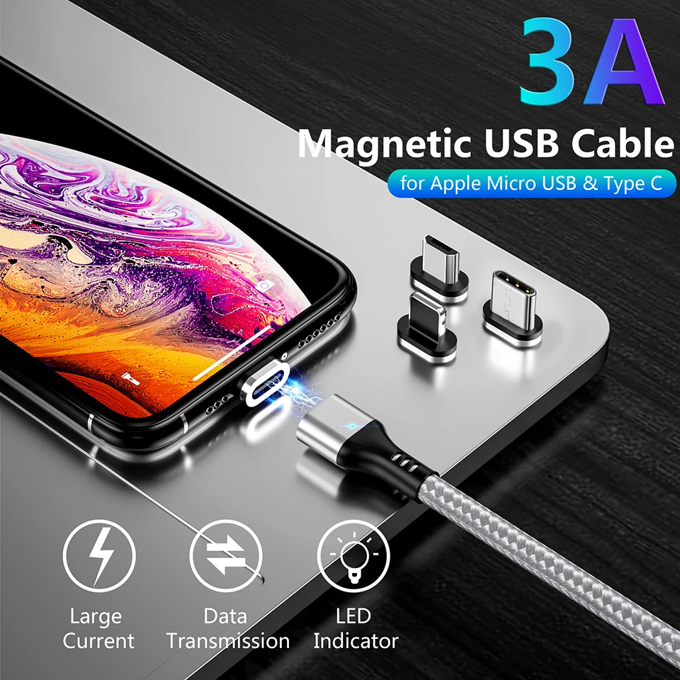 ZRSE Магнитный Micro USB кабель для samsung S7 J7 Microusb СВЕТОДИОДНЫЙ Магнитный зарядный кабель для Xiaomi Redmi 4X 3A провод для быстрой зарядки