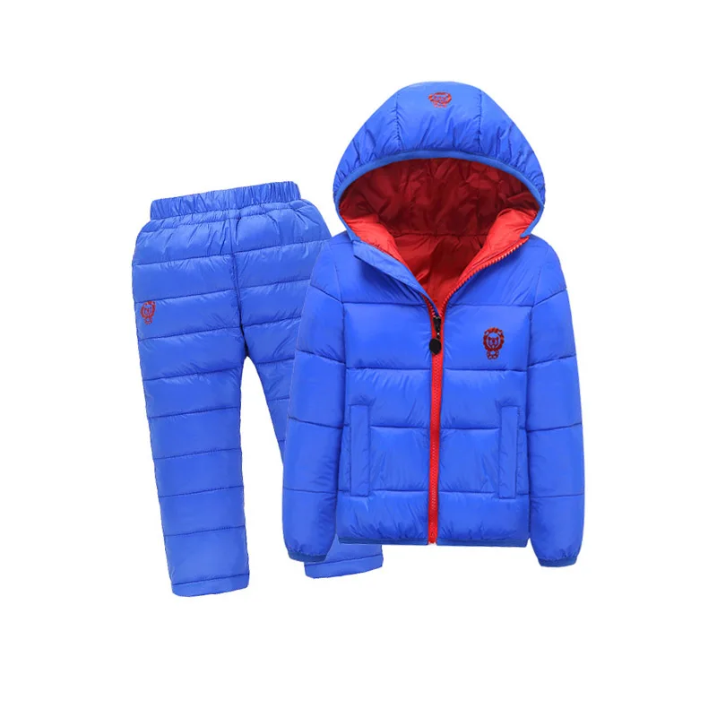 Royal Blue 2pcs Детские зимние комбинезоны; осенняя куртка; пуховые хлопковые пальто; куртки; комплект одежды для маленьких девочек и мальчиков; Верхняя одежда для детей; пальто и брюки - Цвет: Royal Blue 2pcs