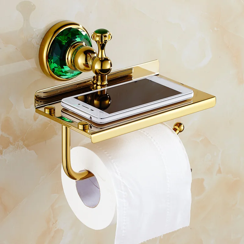 Оптом и в розницу Золотая Нефритовая Туалетная рулонная бумага стойка с телефон полка настенный держатель