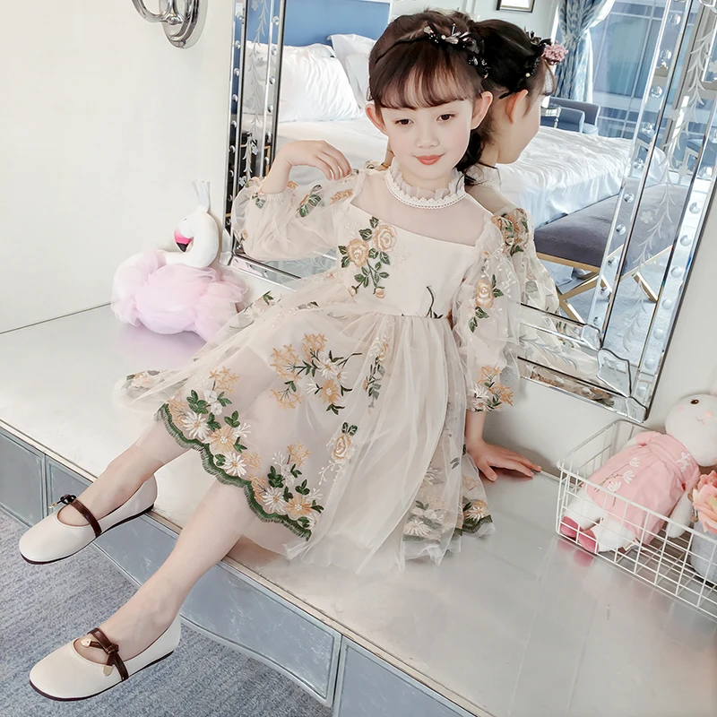 

Embroidery Flower Girls Dress Spring 2019 New Korean Children Clothings girls Autumn Long-sleeved Princess Dress High Quality