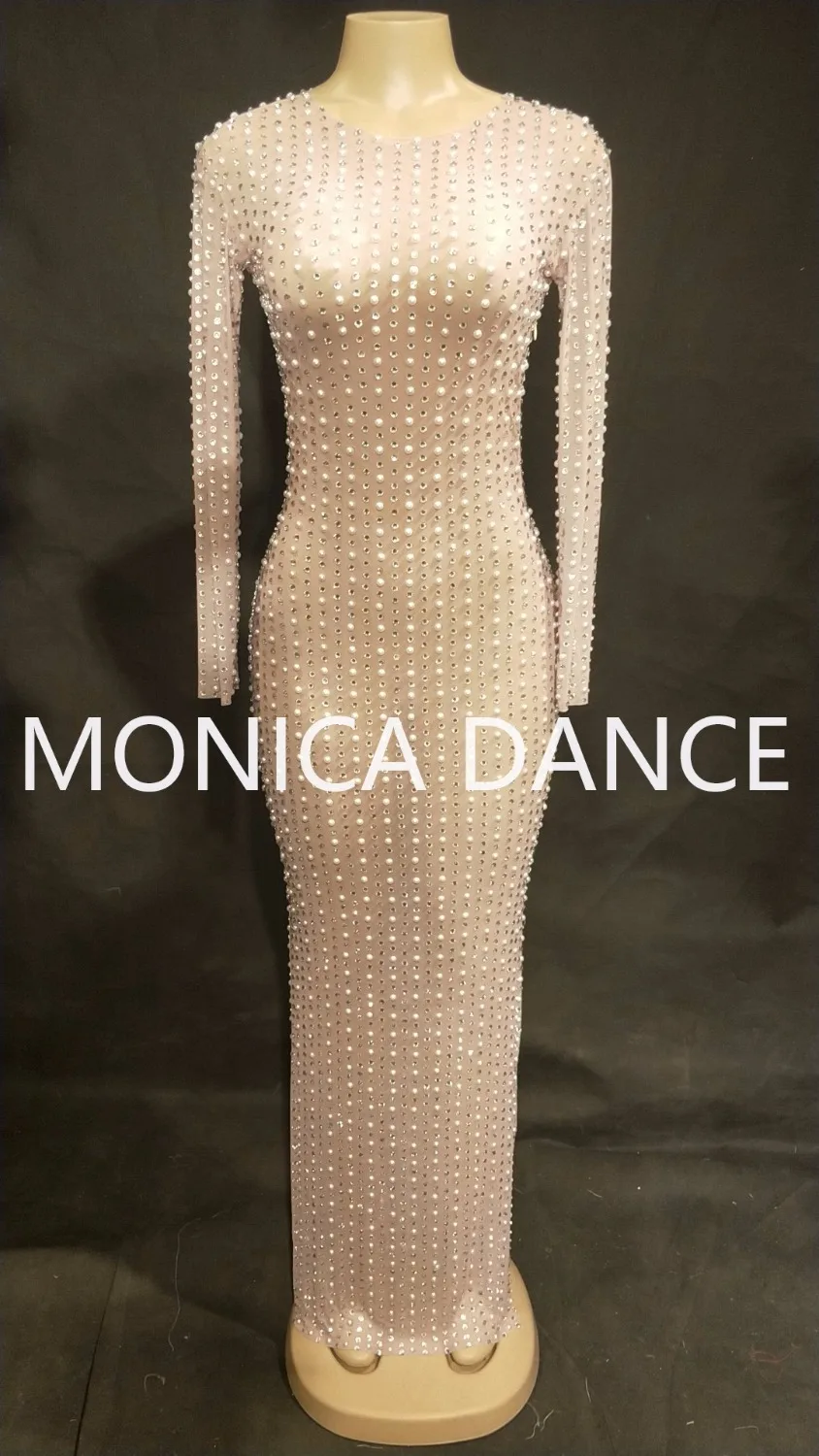 Женское сексуальное длинное платье из сетчатой пряжи с жемчужинами серебристыми