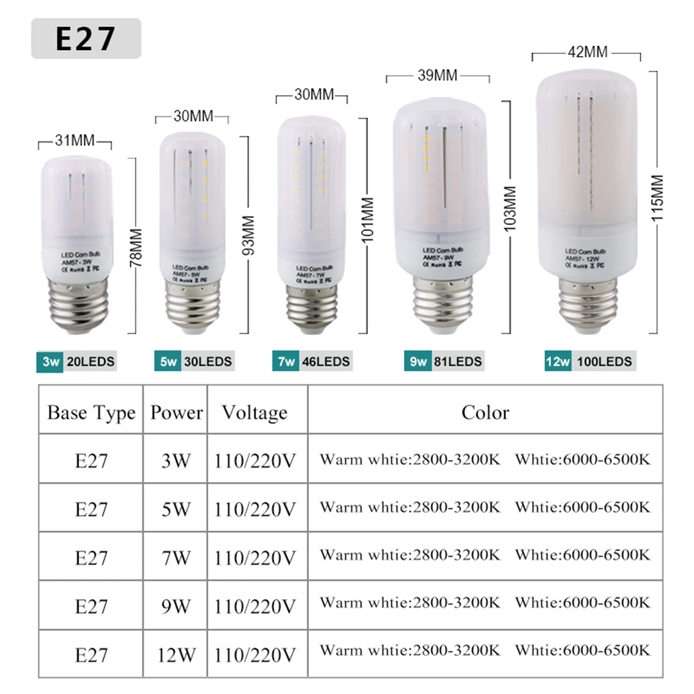 Светодиодная лампа-Кукуруза E27 E14 5736 SMD 220 в 110 В 20 30 46 81 100LED s 3 Вт 5 7 9 12 лампа для