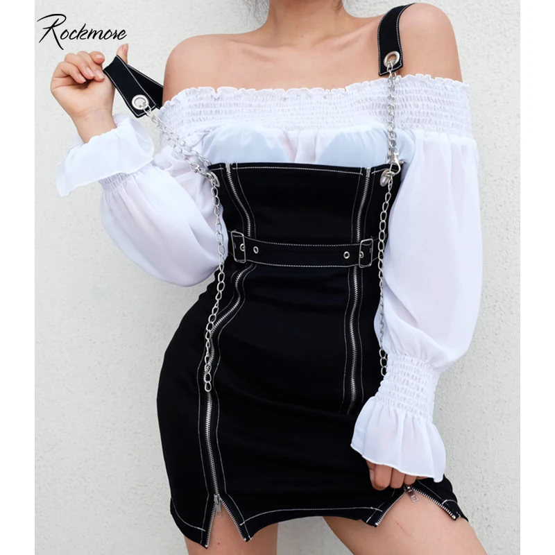 Rockmore Black Chain Zipper Split Straight Strappy Mini Dress Women Buckle Belt Punk Style Casual Dresses Fashion 2019 Summer