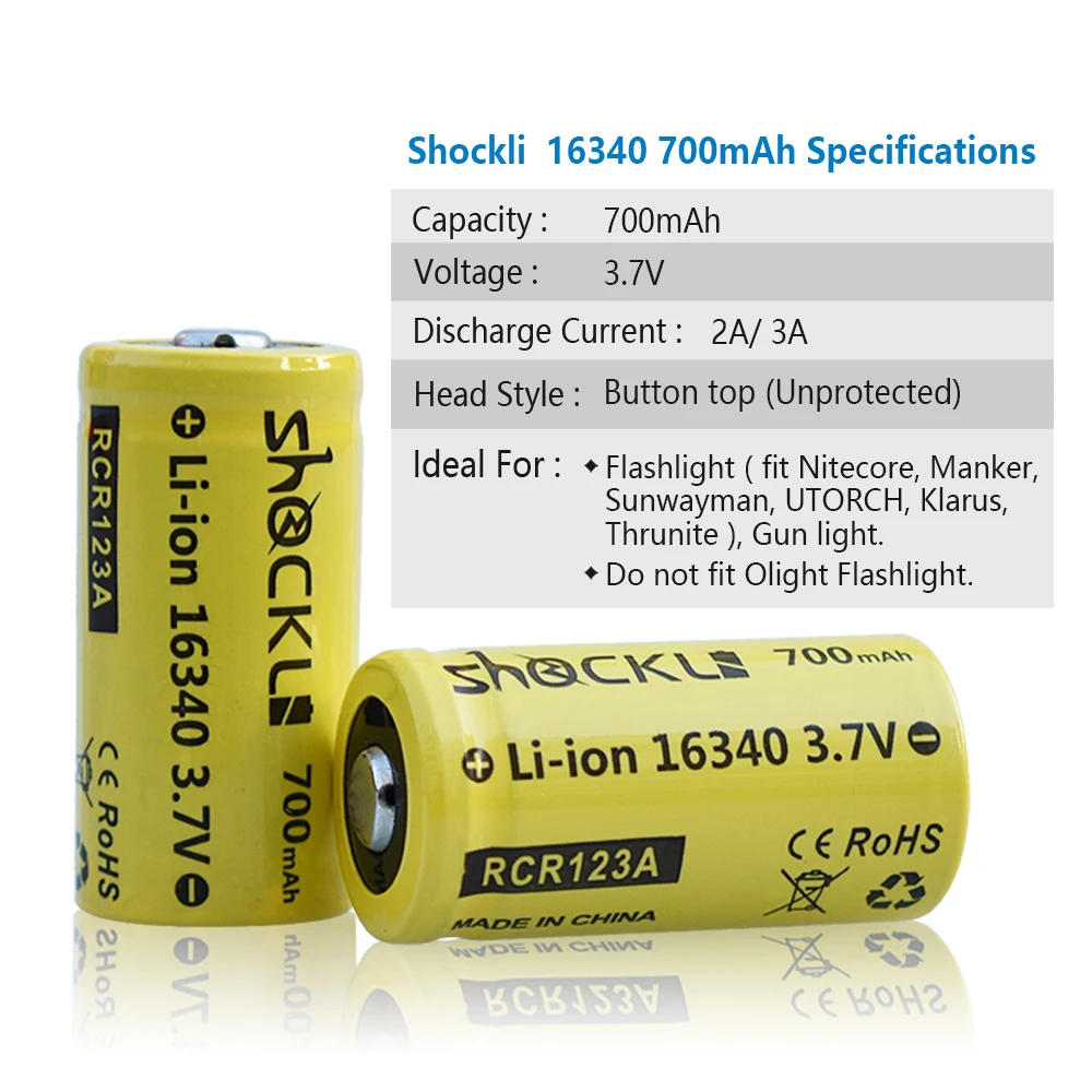 2 шт./лот аккумулятор Shockli RCR123 16340 700 мАч 3,7 в литий-ионная аккумуляторная батарея 16340 литиевая батарея для фонарика камеры Arlo