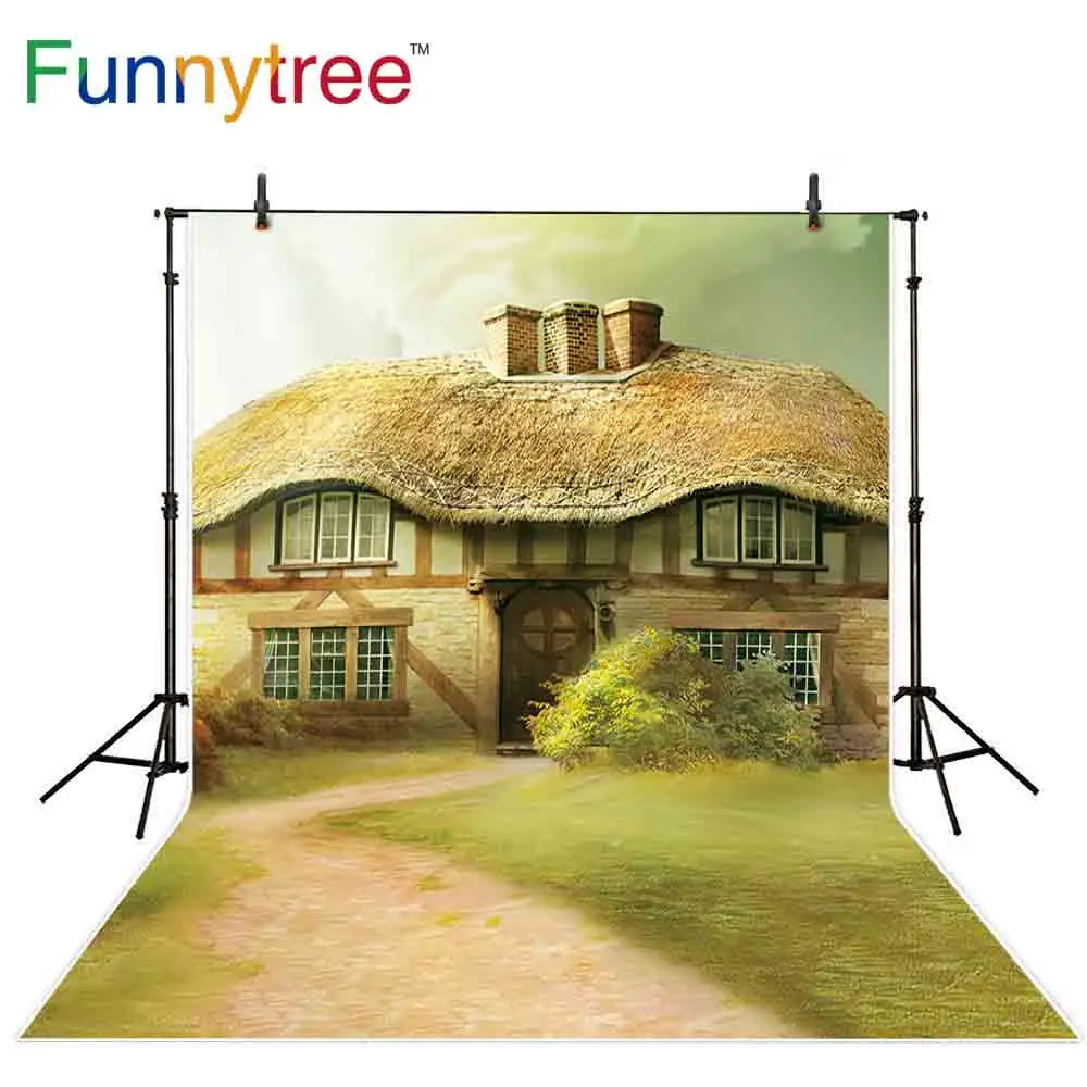 Фотофон Funnytree для фотостудии с изображением весеннего винтажного дома травы