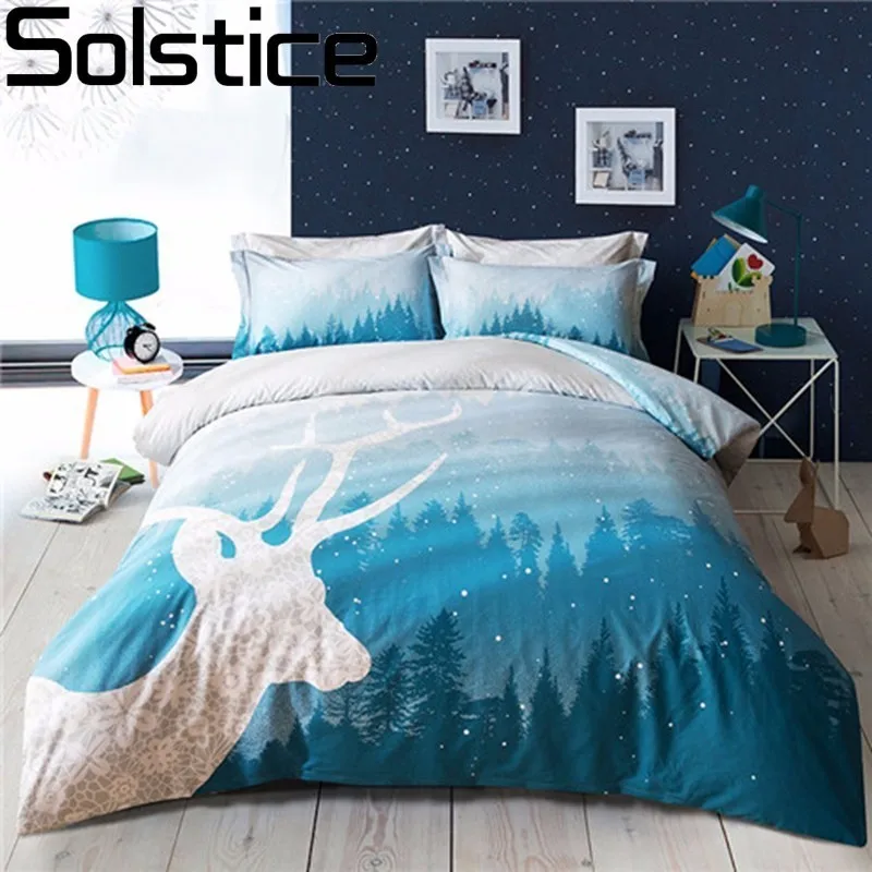 Solstice Textile Cyan Deer Head Fashion Printing Bedding Sets Queen Size Bed Linen Bedclothes Printed Sheet Duvet Cover Set|duvet cover set|bedding