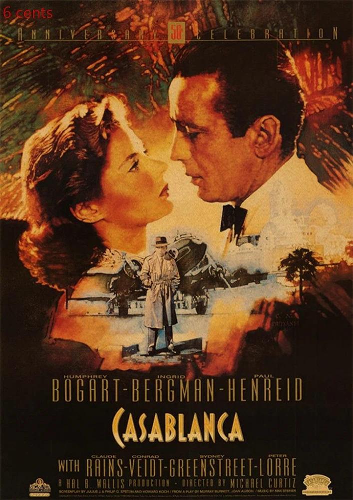 Casablanca Movie Poster, декоративная наклейка, плакат из крафт-бумаги, наклейка на стену, винтажная Наклейка на стену, настенный стикер по фильму