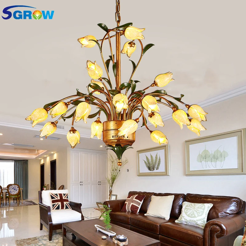 

SGROW Art Deco Branch Chandeliers for Living Room Bedroom Glass Flower Lampshade Hanging Lamp Indoor Lighting Fixtures Lampara