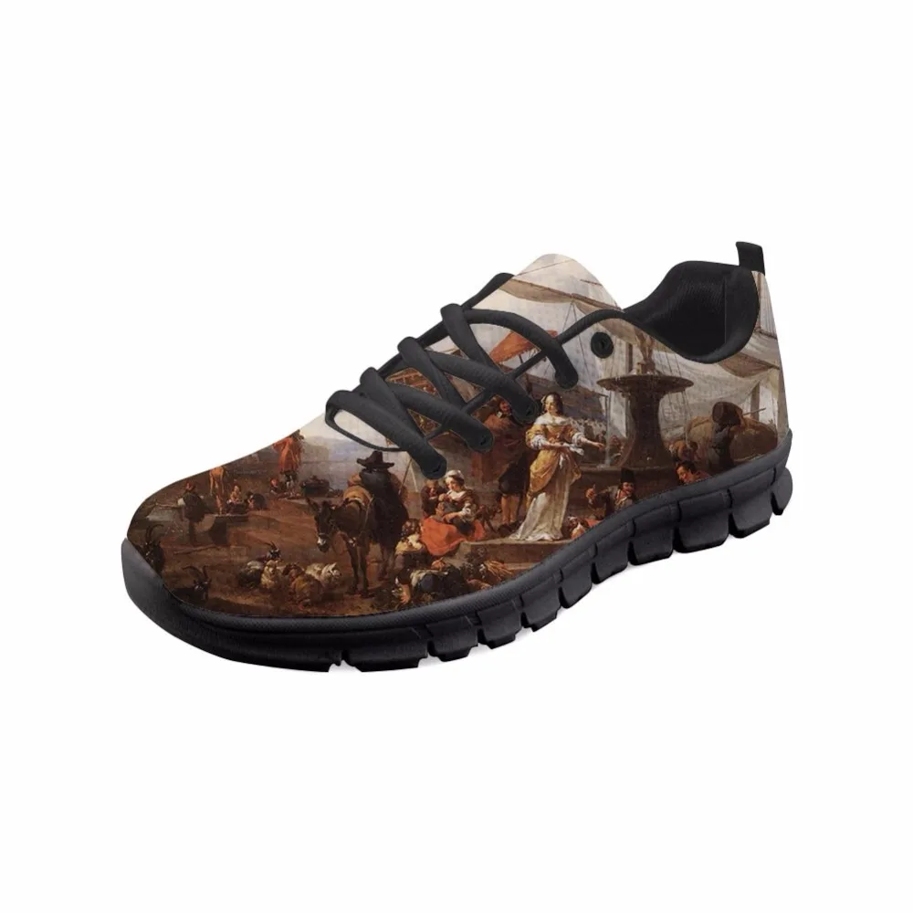 

2021 Women Spring Black bottom Comfortable Flats Breathable Sneakers Shoes Painting Art Printed Meindert Hobbema Master pieces