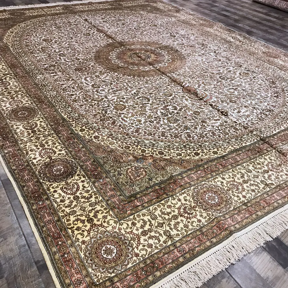 Goedkoop YILONG 9'x12 'traditionele Handgemaakte Perzische Zijden Kleed Klassieke Medaillon Wit En Geel Bloemen Tapijt (WY318A9x12)