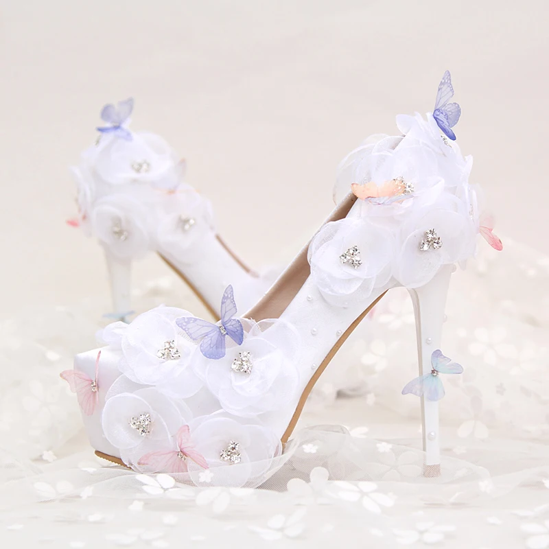 

High Heels 14cm Platform White Women Wedding Shoes Bridal Stiletto Pumps Butterfly Flower Ladies Sexy Party Shoes Women Footwear