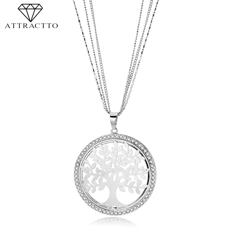 

ATTRACTTO Silver Tree Of Life Long Necklace Pendants For Women Design Stainless Steel Necklaces Gold Jewelry Necklace SNE180005