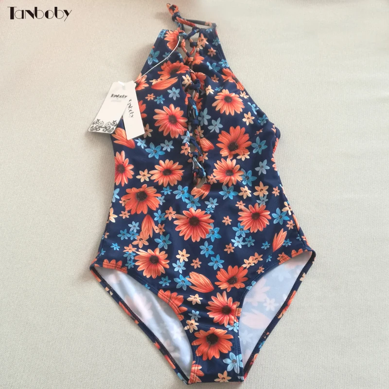 Thongs One-piece Swimwear Womens Bathing Suits Printed Bandage Trikinis High Waist Hollow Out Swimsuits 1 piece Thong Swim | Спорт и