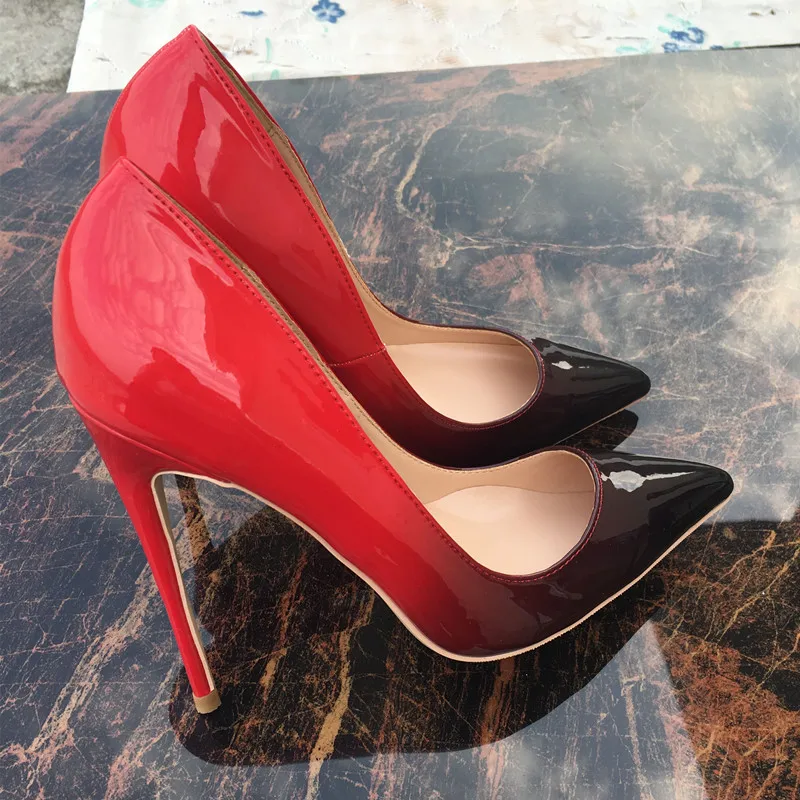 Новинка Осень-зима красные и черные градиентные лаковые туфли на высоком каблуке