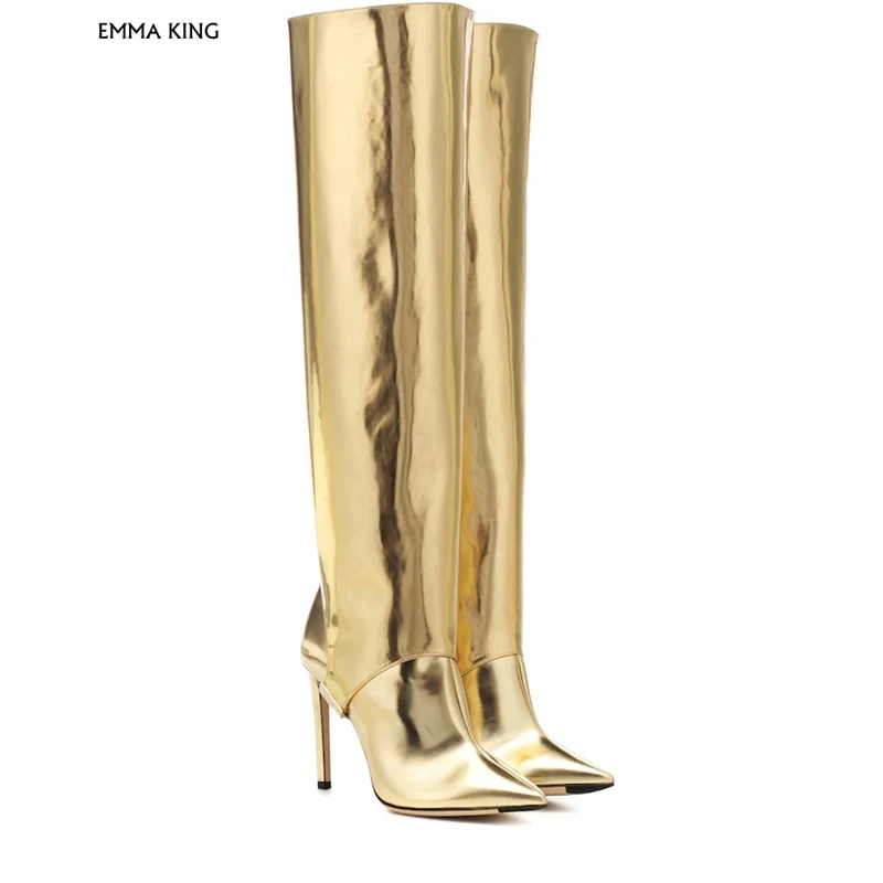 Functional Gold Liquid Mirror PU Two-Piece Knee High Boots Beautifully Crafted in two Parts Ankle Booties Detachable Leg Piece | Обувь