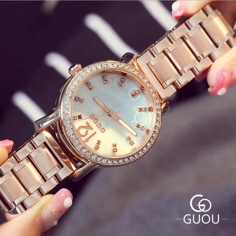Женские часы с бриллиантами GUOU розовое золото роскошные женские со стразами saat