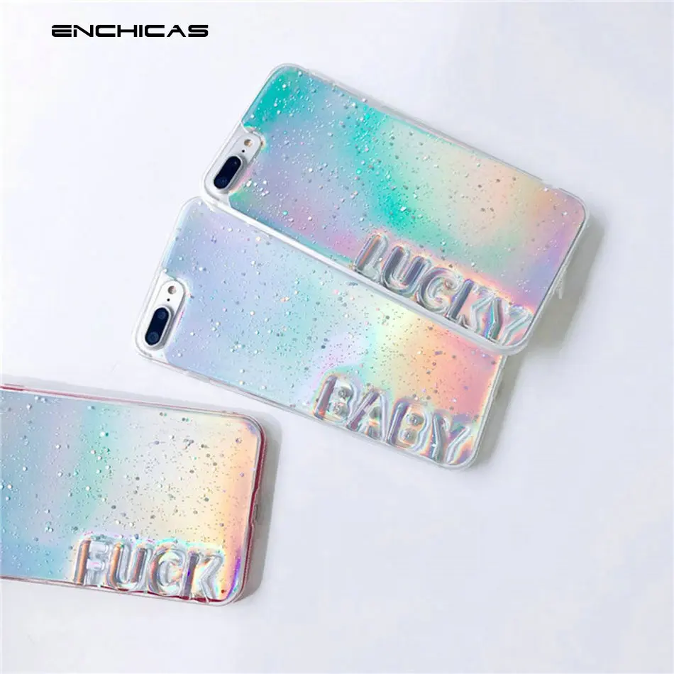 Мягкий ТПУ чехол с градиентной расцветкой радужных цветов и английскими словами "Fashion Girls Holographic Grunge" для iPhone 6 6S 7 8 S Plus Shell Cover.
