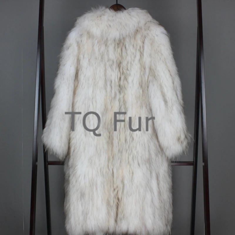 Winter Women Overcoat Knit Raccoon Fur X-Long Coat With Falbala Collar Full Sleeves Outerwear Natural